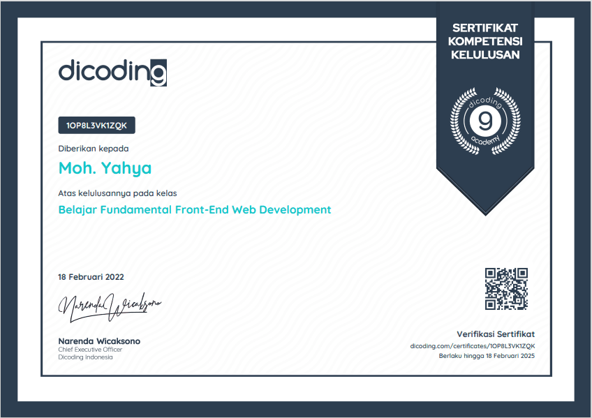 Sertifikat Belajar Fundamental Frontend Web Development